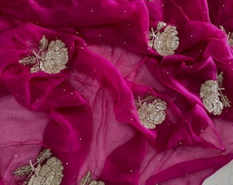 Premium Pure Chiffon Saree with Intricate Handcrafted Katdana and Zardozi Embroidery | Luxury Indian Wedding & Bridal Wear Saree