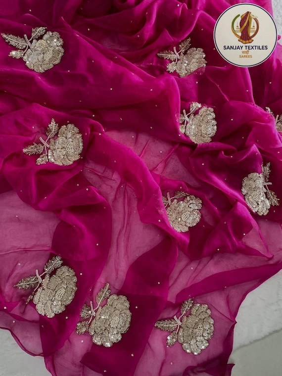 Handmade Chiffon Saree with Sitara, Indian Wedding Party Wear