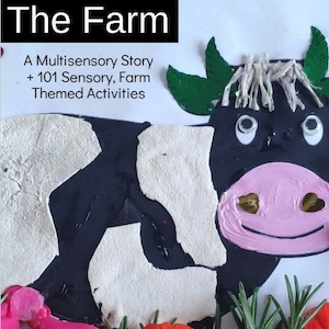 Puede incluir: Una vaca negra y blanca con la nariz rosa y hojas verdes en la cabeza. La vaca está rodeada de ramitas de romero verde y flores rojas.