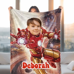 Spersonalizowany koc z twarzą i imieniem, spersonalizowany koc Spider-Man w mieście, prezent na dzień ojca, miękki, ciepły koc biurowy, spersonalizowany prezent
