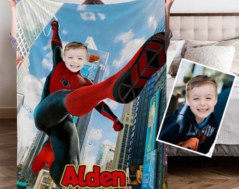 Gepersonaliseerde cartoondeken met gezicht, aangepaste deken van foto, deken met gezicht, deken superheld spider-man, grappige kerstcadeaus
