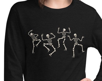 Dansande skelett unisex långärmad t-shirt, dansande skelettskjorta, Halloweenskjorta, skelettskjorta, Halloweenskelettskjorta