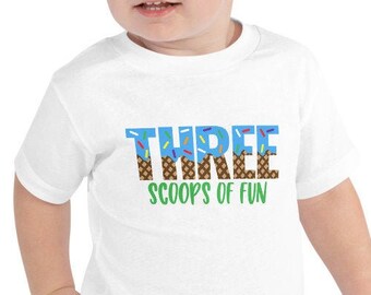 Three Scoops Toddler Boy Short Sleeve Tee, 3rd Birthday Shirt, Ice Cream Birthday Shirt