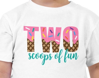 Two Scoops of Fun Toddler Short Sleeve Tee, 2nd Birthday Shirt, Ice Cream Birthday Shirt, Birthday Girl Shirt