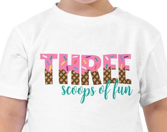 Three Scoops of Fun Toddler Girl Short Sleeve Tee, 3rd Birthday t-shirt, Ice Cream Birthday shirt, Birthday Girl Shirt