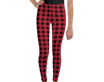 Buffalo Plaid Youth Leggings, Girl's Christmas Leggings, Christmas Leggings, Buffalo Plaid Pattern Leggings