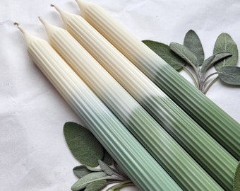 Green grooved candles with colour gradient / set of 4 / hand-poured / coloured throughout