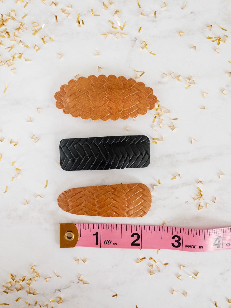 Two Caramel Leather and One Black Leather Hair Clips Snap Hair Clips for Girls Hair Accessories for Girls. Lovely Leather Snap Clip Trio