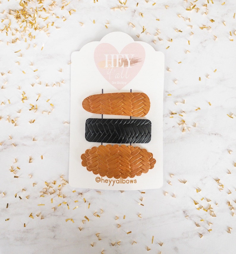 Two Caramel Leather and One Black Leather Hair Clips Snap Hair Clips for Girls Hair Accessories for Girls. Lovely Leather Snap Clip Trio
