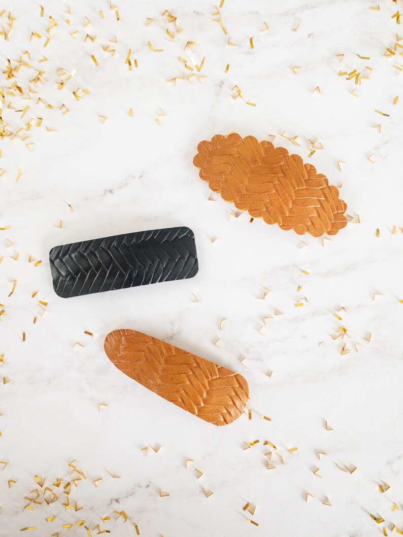 Two Caramel Leather and One Black Leather Hair Clips Snap Hair Clips for Girls Hair Accessories for Girls. Lovely Leather Snap Clip Trio