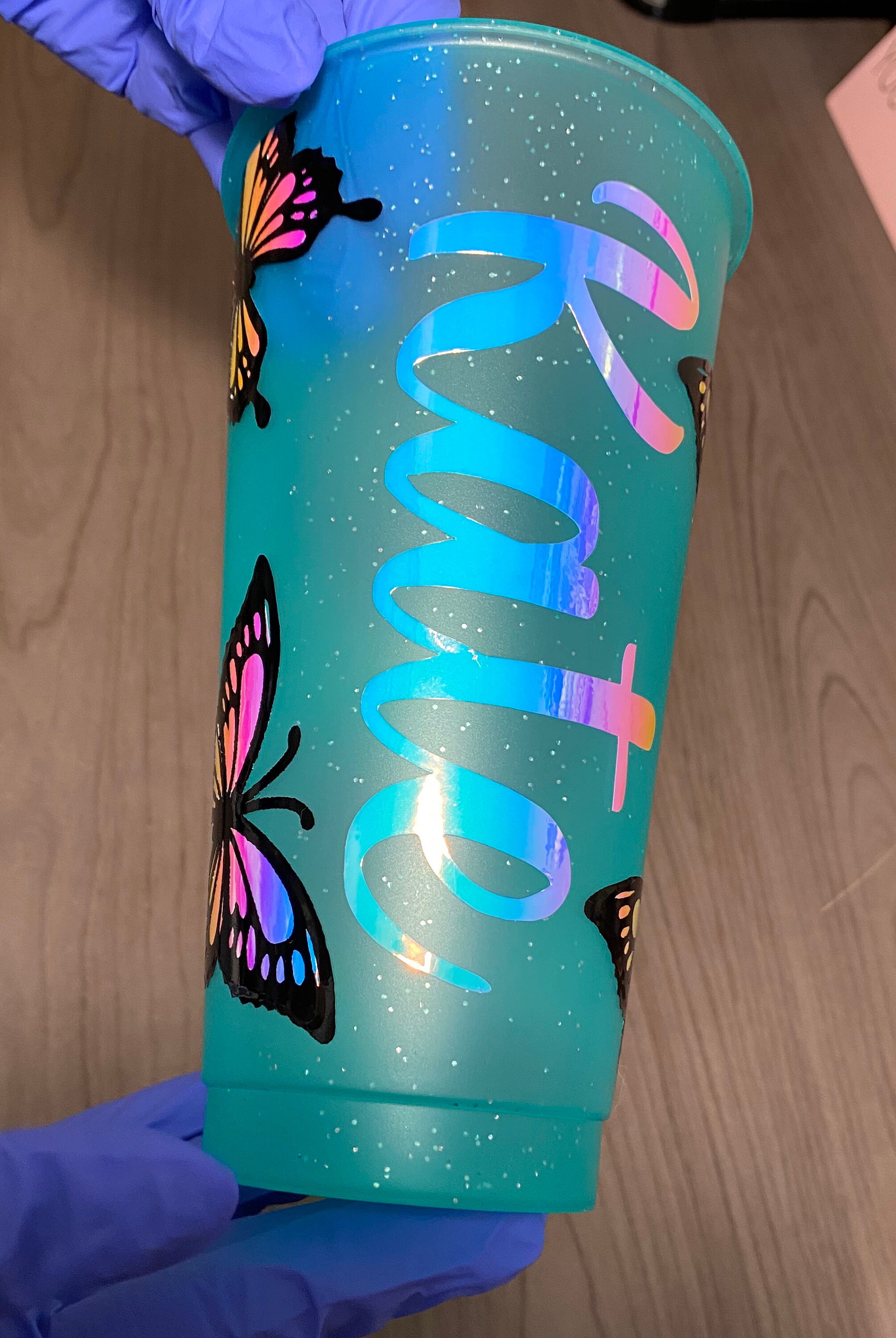 Turquoise glittery butterfly cup/ Holographic butterfly cup/ Etsy