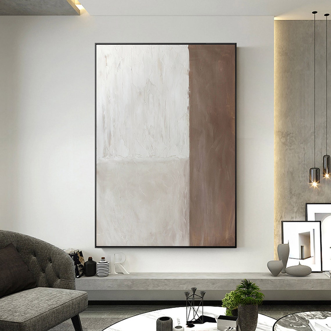 Minimal Gray and Brown Canvas Wall Art Large Abstract Etsy