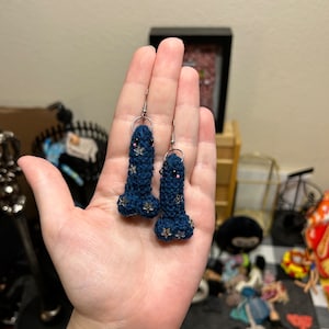 MIDNIGHT WILEE Earrings, AbiNormalCreates, navy blue, WilEEthePenis, naughty humor, statement earrings, stars, cute, kawaii, sequin, silver