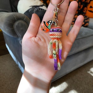TREATS ONLY, Halloween, accessories, Meep, keychain, knitted keychain, AbiNormal Creations, handmade, cute, kawaii, Halloween gifts