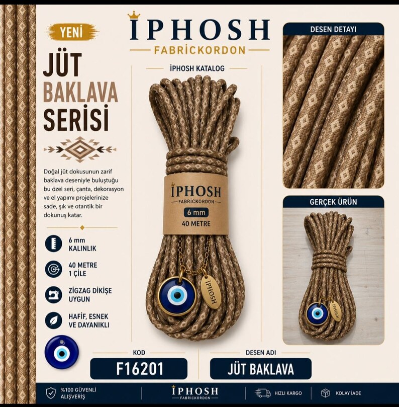 FabricKordon Jute Cord: 7mm Zigzag Sewing Machine, Decorative Braided Cotton (40m) image 1