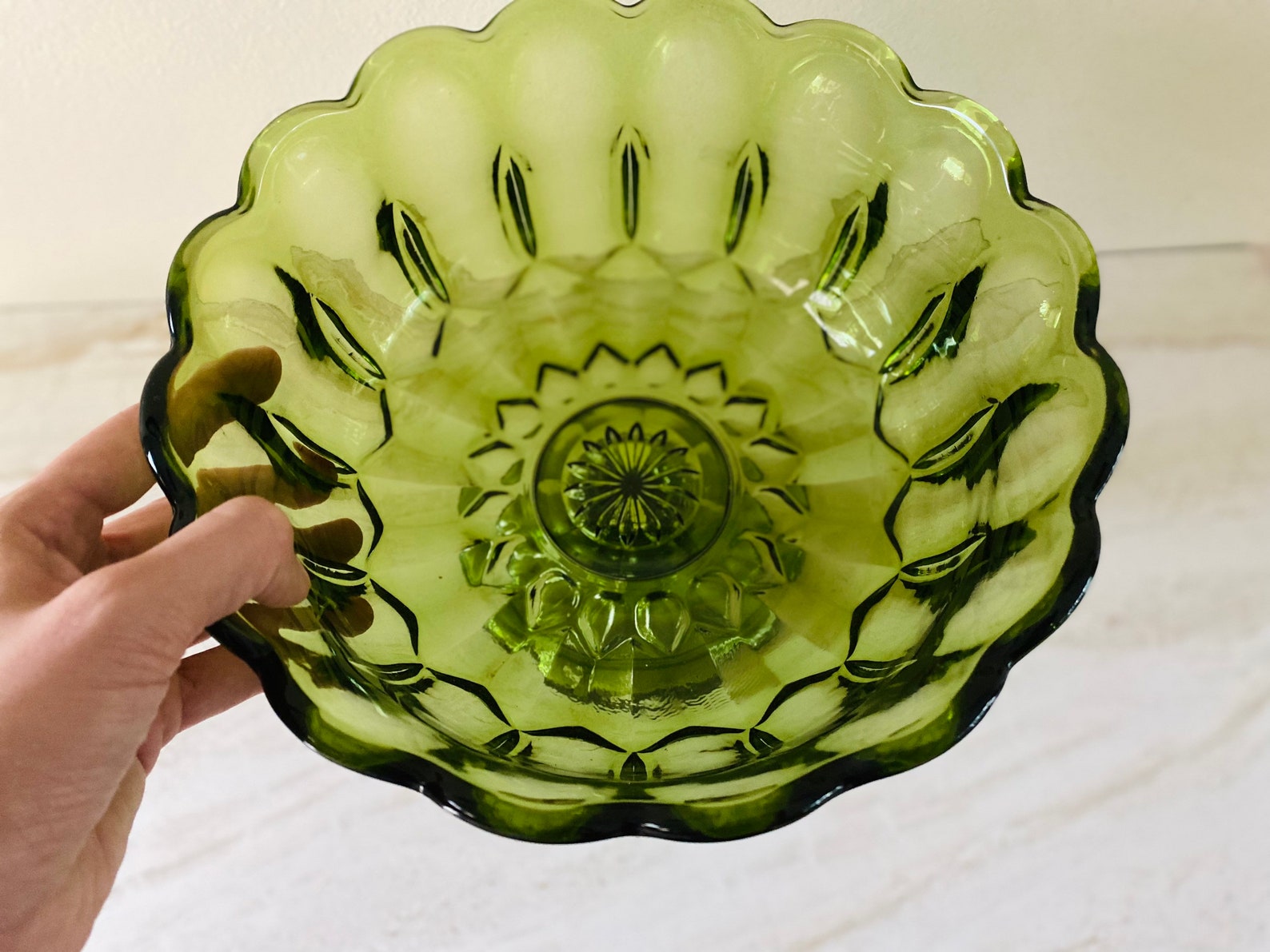 Intricate Green Glass Serving Bowl Bowl With Stand Vintage Etsy