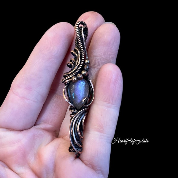 Purple labradorite wire wrapped pendant, double sided necklace, unique gift,