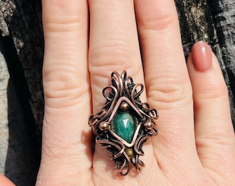 Faceted Emerald Copper Ring: Wire Wrapped Healing Crystal Jewelry