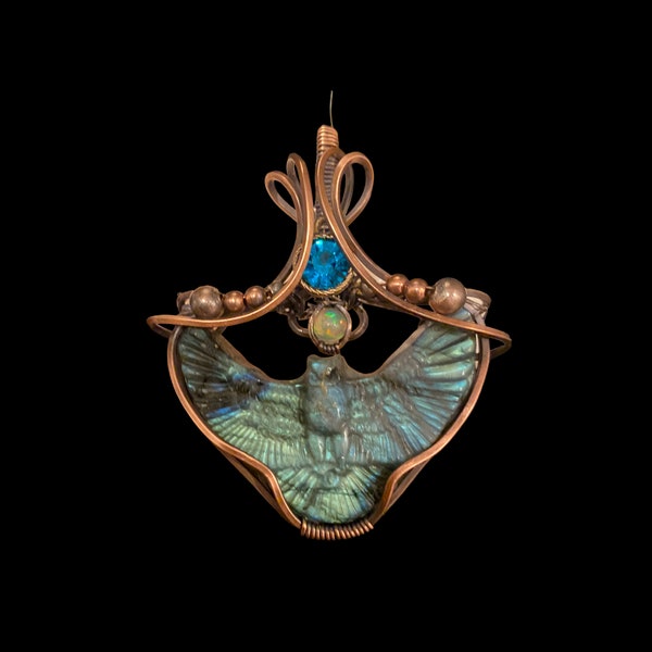 Carved owl labradorite necklace with Ethiopian opal , wire wrapped owl, labradorite jewelry, unique wrapped gemstone