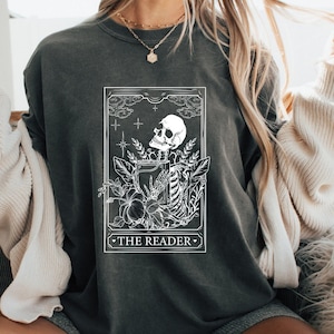 The Reader Tarot Card Comfort Colors Shirt, Skeleton Reading Shirt, Bookish Gift for her, Book Lover Gift, Bookish shirt, Bookish Merch