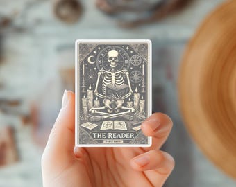 The Reader Tarot Card Sticker: Bookish Skeleton Vinyl Decal