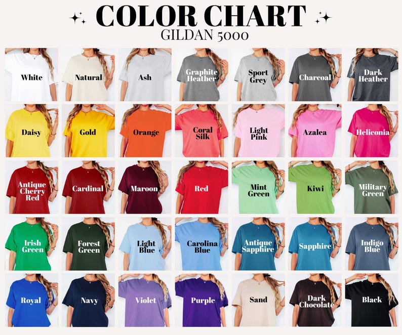May include: A color chart displaying a variety of Gildan 5000 t-shirts in various colors. The chart includes colors such as white, natural, ash, graphite heather, sport grey, charcoal, dark heather, daisy, gold, orange, coral silk, light pink, and azalea.