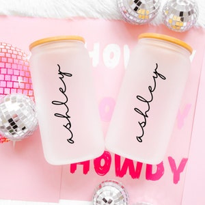 Personalized 16oz Iced Coffee Cup, Custom Glass Tumbler, Bridesmaid Proposal, Bridesmaid Gift, Gift for her, birthday gift, Cup with lid