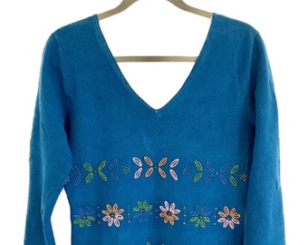 Vintage Cotton Y2K Beaded Sweater-Size S Womens Jumper-Vintage Embroidered Pullover-VNeck Womens Blue Sweater-Spring Sweater-Summer Sweater