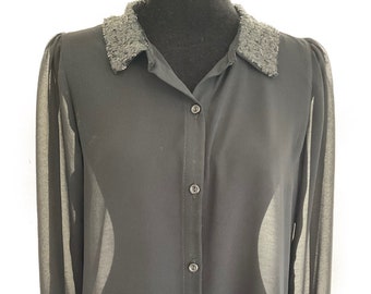 Vintage Y2K Silk Sheer Blouse: Sequined Black Top, Size M