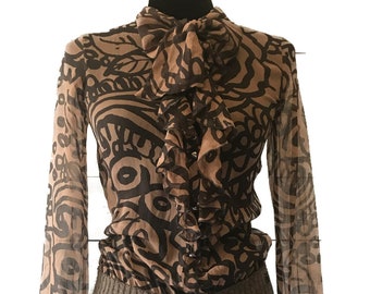 Vintage Y2K-zijden blouse: doorschijnende top met ruches, maat S
