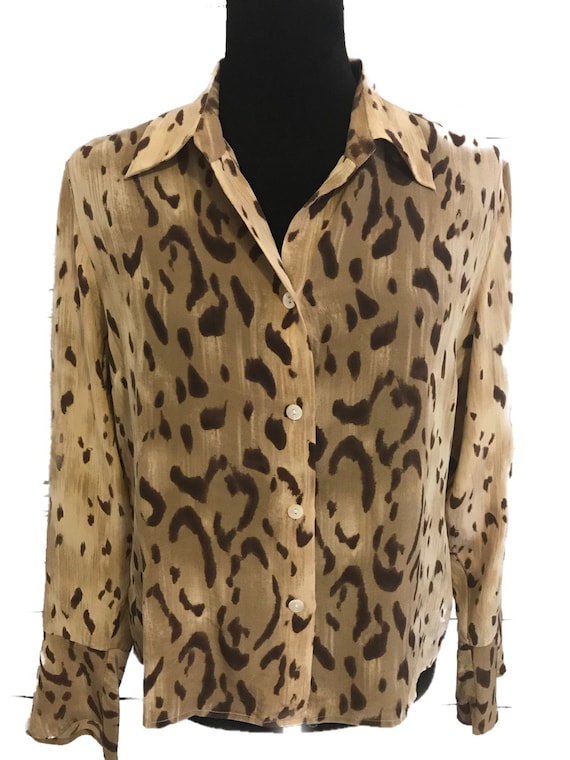 Silk Vintage Blouse-Size M-Silk Vintage Shirt-Women’s Blouse-Animal Print-Silk Top-Beige Brown Blouse-Work Blouse-Mothers Day Gift