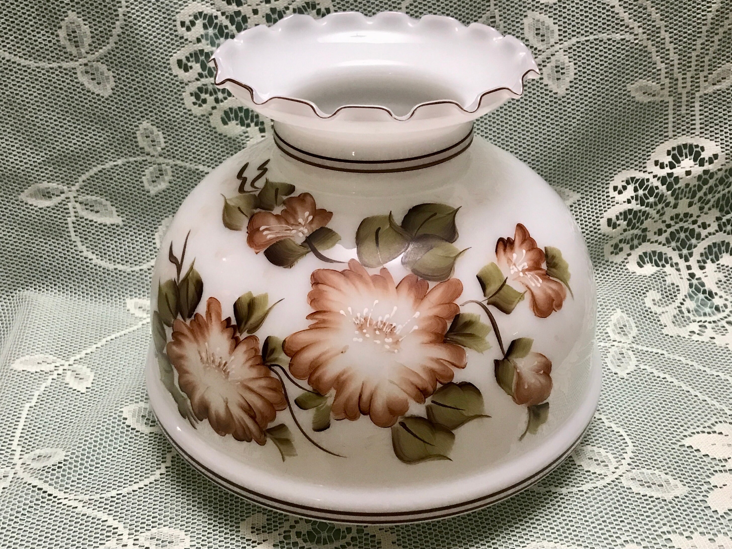 Vintage Glass Lamp Shade GWTW White With Floral Pattern 7in. Fitter