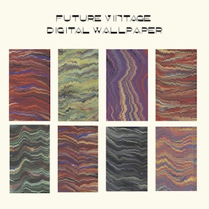 Puede incluir: Un conjunto de ocho diseños de papel tapiz digital que presentan patrones de mármol abstractos en varios colores, incluidos el rojo, el azul, el verde, el amarillo y el morado. Los diseños están dispuestos en una cuadrícula de dos filas y cuatro columnas. El texto "FUTURE VINTAGE DIGITAL WALLPAPER" se muestra encima de la cuadrícula.