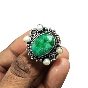 Green Emerald and pearl stone handmade silver plated ring! emerald and pearl stone ring! emerald ring! pearl ring!