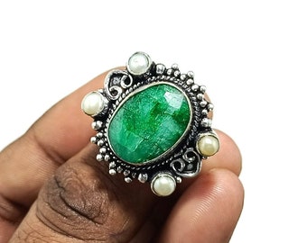 Green Emerald and pearl stone handmade silver plated ring! emerald and pearl stone ring! emerald ring! pearl ring!