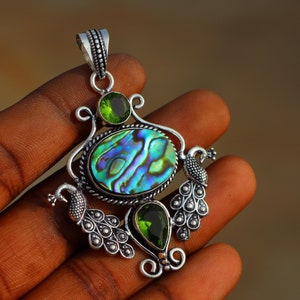 Natural Abalone Shell With Peridot Stone Pendant Necklace Pendants\Pendants For Her\Peridot Necklace Pendant\Antique Handmade Pendant