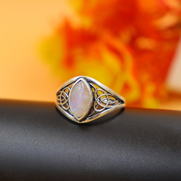 Handmade Marquise Rainbow Moonstone Ring/Silver Plated Statement Ring\ Unique Dainty Ring