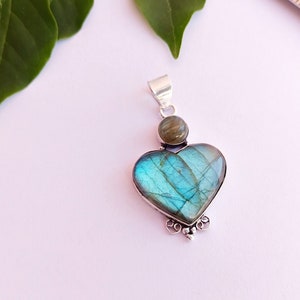 Natural fiery Heart Shaped Labradorite Vintage Pendant Necklace\ Handmade Sterling Silver Plated Women Pendant\ Labradorite jewellery\