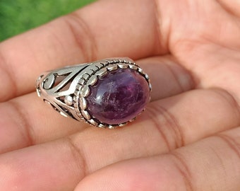 Natural Amethyst Silver Oxidized Vintage Design Ring\ Statement Ring\ boho Ring\ Amethyst Ring\ Unisex Ring
