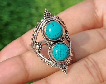 Boho Türkis Ring\ Doppelter Türkis Sterling Versilberter Ring\ Einzigartiger und antiker Ring\ Damen Statement Ring