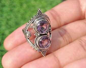 Amethyst Double Stone Silver oxidized Ring/Handmade Gemstone ring/ Birthday gifts ideas