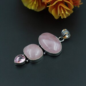 Natural Rose Quartz And Pink Quartz Stone Silver Oxidized Designer Pendant Necklace\Unique Gemstone Pendant For Gift