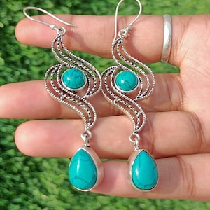 Boho Silver Turquoise Gemstone Silver Plated Earrings , Turquoise Earrings , Women earrings