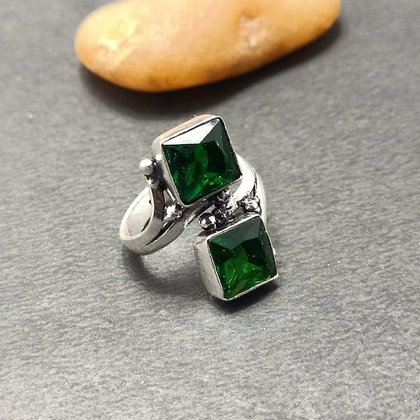 Beautiful double Emerald stone handmade silver plated ring
