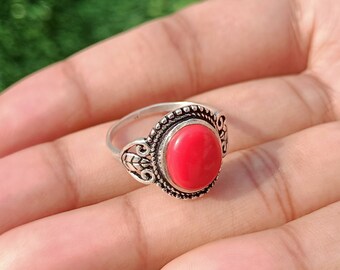 Red Coral Designer Statement Boho Silver ring , Red Coral Ring, Coral Gemstone Ring