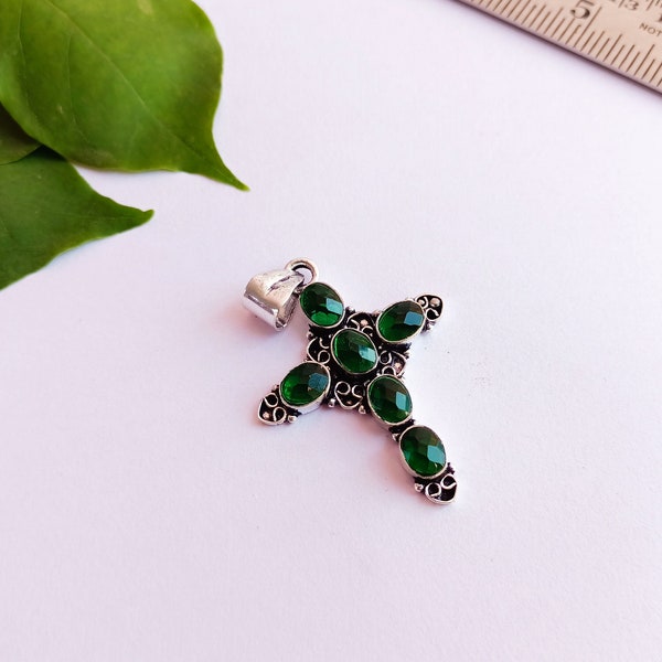 Emerald Cross Pendant\ Emerald Cross Pendant Necklace\ Pendant\ Necklace\ Sterling Silver plated Cross Pendant\ Gift Item