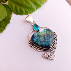 Silver oxidized Heart Labradorite Pendant Necklace with Blue Topaz, Unique Handmade Jewelry