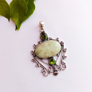Silver Oxidized seraphinite and peridot handmade pendant, Unique Design Pendant gift For her