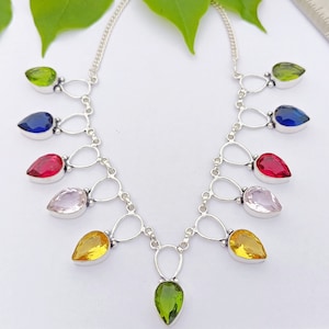 Handmade Sterling Silver Plated Multi colored Gemstone Antique Necklace\ Unique Multi Colored Stone Necklace\ Handmade Women&#39;s necklace