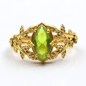 Faceted Peridot Gold Plated Ring, Nature Inspired Leaf Vines Band, Marquise Green Crystal Botanical Jewelry